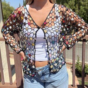 Y2K Beaded Crochet Floral Top